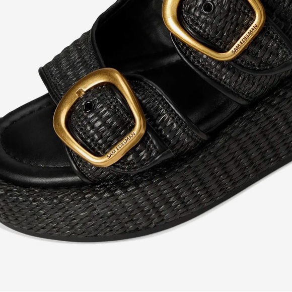 NWT Sam Edelman Black Nerissa Woven Platform Slide with Gold Buckles - Picture 6 of 9